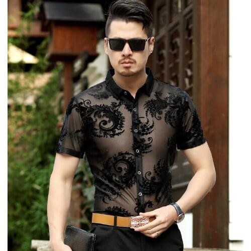 Summer 2019 Sexy Mens See Through Velvet Shirts Male Hollow Shirt Floral Clothes Short Sleeve