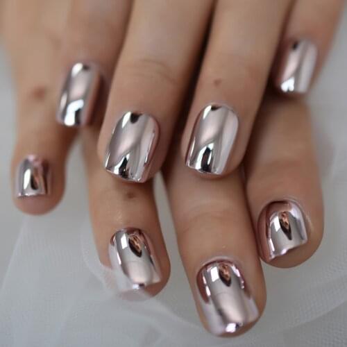 Punk Style Metallic Light Pink False Fake Nails Metal Plating Acrylic Short Reflective Mirror Press on Nail Art Tips faux ongles