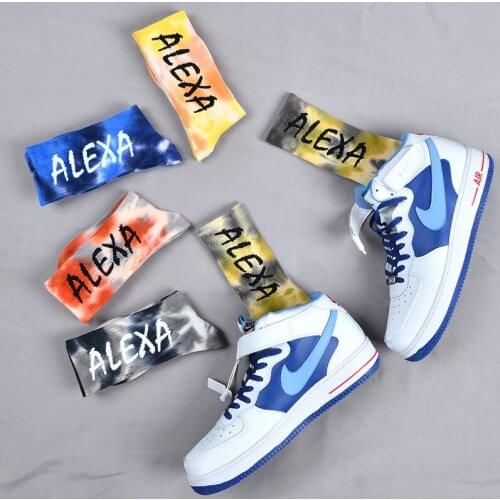 Tie-dye Tube Socks Men Letters ALEXA Cotton Socks Street Trend Gradient Harajuku Skateboard Personality Womens Stocking 2021