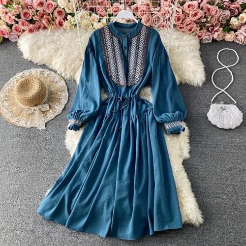 Solid Blue summer woman dress Round Neck High Waist Casual holiday dresses for women Lantern Sleeves Waist Tie vestidos 2021