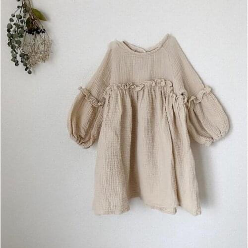 Autumn Girls Cotton And Linen Puff Long-Sleeve Dress Korean New Childrens Elegant Casual Solid Color Princess Dresses WT021