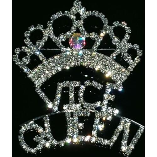 Luxurious Handmade Pageant Crown Brooch Pin with "VICE QUEEN" Word in Sliver Tone Fashion Rhinestone Jewelry&Accessories Gift