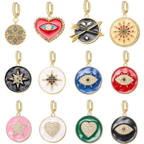 1 piece Enamel Hoop Earrings for Women Gold Color Star Heart Evil Eye Heart Round Earring CZ Jewelry Black Red Drop Indian arete