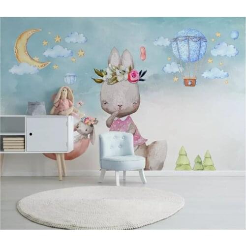 Nordic minimalist hand-painted personality wallpaper bunny balloon childrens room background wall papers home decor