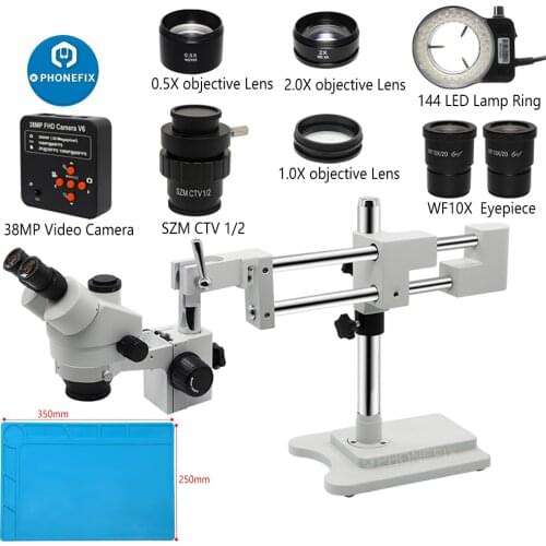 Black 3.5-90X Double Boom Stand Simul Focal Trinocular Stereo Zoom Microscope + 38MP HDMI Camera for Jewelry Phone PCB Repair