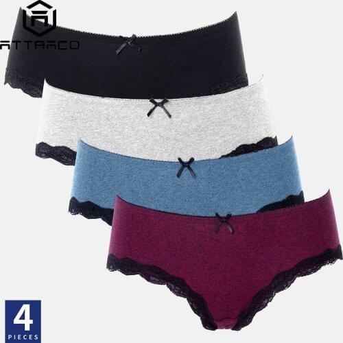Attraco Original Women Underwear Pantie Hipster 4 Pcs Cotton Soft Strech comfort solid Ladies Bow tie Mid-waist трусы женские