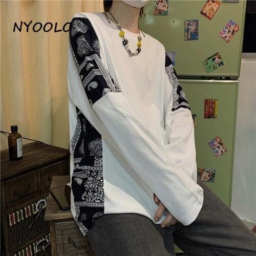 NYOOLO Vintage Hip Hop Streetwear Flower Print Patchwork Long Sleeve Oversized Goth T-Shirt Women Men Clothes Autumn Punk Tops