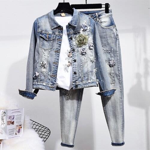 Female Denim Sets Womens Jeans Coats Beading Sequins Personality 2Piece Denim Set Female Casual Hip Hop Jeans Vintage Set