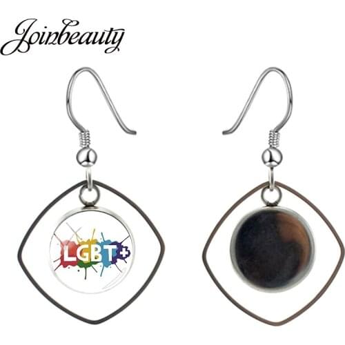 JOINBEAUTY Simple Letter LGBT Rainbow Square Hollow Out Drop Earring Glass Cabochon Pendant Earring For Women Lesbian Lover BT02