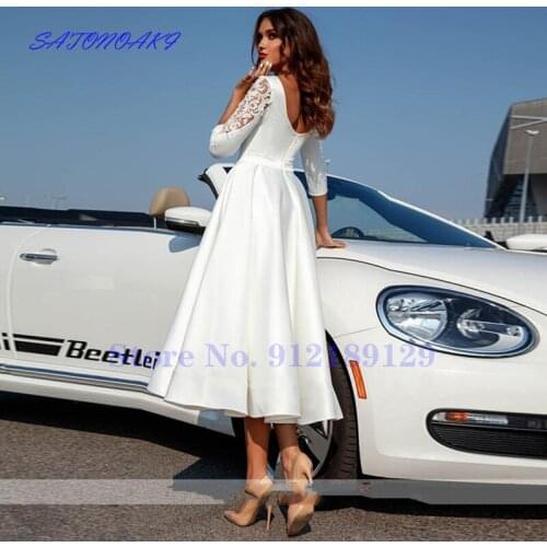 Beach Short Satin Wedding Dress with Sleeves Tea Length Vintage Lace A-Line Bride Gowns Vestidos De Novia Robe De Mariée France