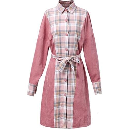 PERHAPS U Women Spring New Pink Turn Down Collar Shirt Dress Long Sleeve Plaid Patchwork Sash Button Pocket Mini Dress D2259