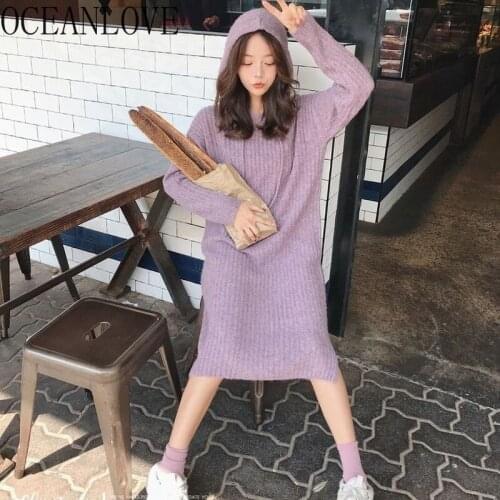 Winter Sweaters Dress 2020 Hooded Solid Knitted Long Dresses Women Fashion Sweet Girls Vestidos Fashion Soft