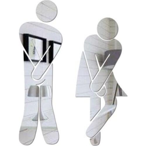 2sets 3D Acrylic Mirror Carved Wall Sticker Wall Paper Bathroom Mark Hotel Toilet Character Logo Stickers