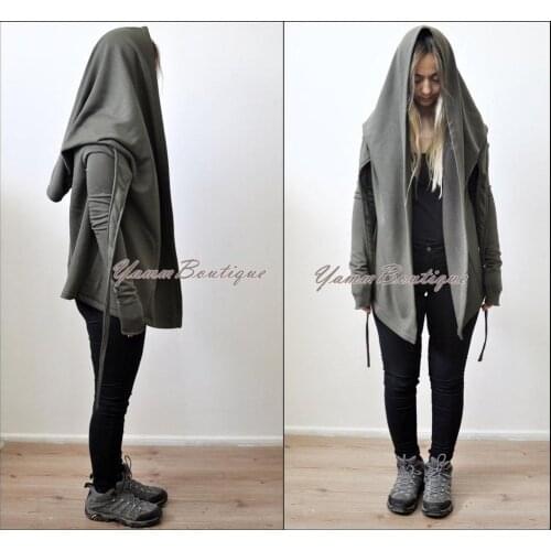 Asymmetric Big Hooded Tie Women Dark Sweatshirt Shawl Hoodie / Winter Wear coat