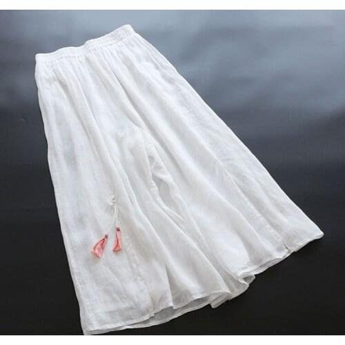 New Summer Fall Cotton Linen Trousers Mujer Elastic Waist Casual Comfortable Tassel Casual Wide Leg Pants Vintage Retro pantalon