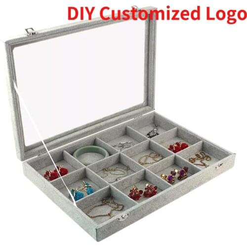 Gray Velvet 12 grids Carry Case With Glass Lid Jewelry Ring Display Stand Storage Box Holder Organizer Ring Earrings
