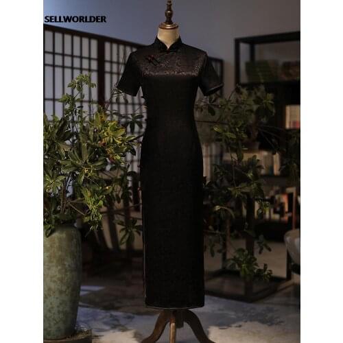 Elegant Woman Chinese style improved daily Embroidery Black Cheongsam Print Dress