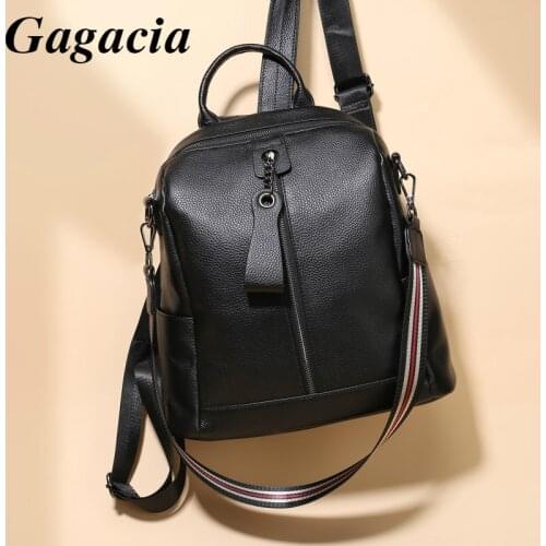 GAGACIA Black Womens Fashion Genuine Leather Backpack For Woman Classic Solid Cowhide Schoolbag For Girls Fashion Bags Female