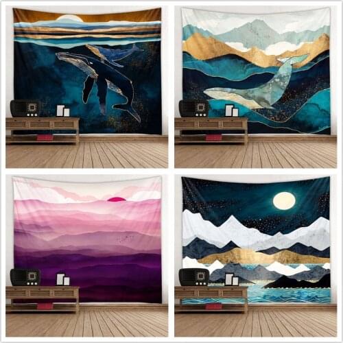 Sunset View Oil Painting Printed Tapestry Large Size Living Room Wall Hanging Decor Functional Door Curtain Picnic Cloth