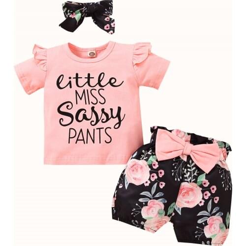 3 Pcs Baby Children Girls Sets Letter Fly Sleeve O Neck Tops Floral Print Shorts Bow Knot Headband Infant Toddler Outfits 12M-5T