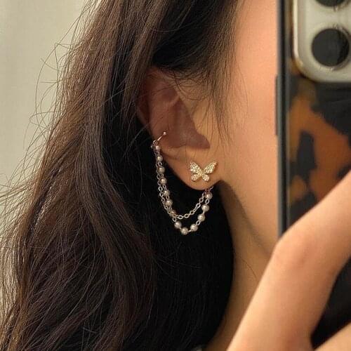 Korean Elegant Rhinestone Butterfly Stud Earring With Metal Chain For Women Girl