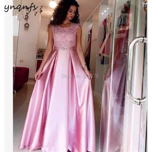 YNQNFS P9 Lace Appliques A Line Dubai Bridesmaid Dresses Pink Sleeveless Formal Satin Dress Party Elegant Vestido de gala