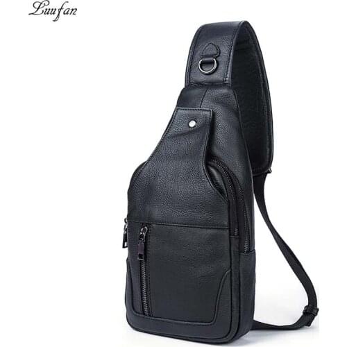 Luufan Genuine Leather Chest Bag For Men iPad Mini Soft Cow Leather Shoulder Bag Male Anti Theft Chest Pack Black Belt Sling Bag