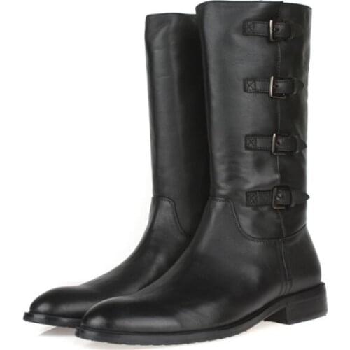 Winter Martin boots High top men boots men zip genuine leather buckle pointed toe black knee-High boots