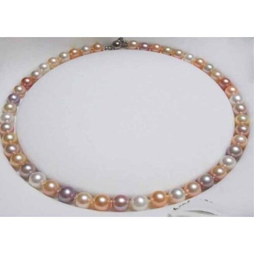Send gifts natural pearl necklace 9-10mm mixed color very light free shipping 925 silver clasp fine JEWELRY