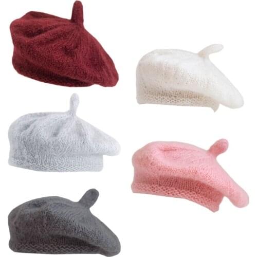Newborn Photography Props Hand-woven Soft Mohair Beret Cap Solid Color Baby Hat