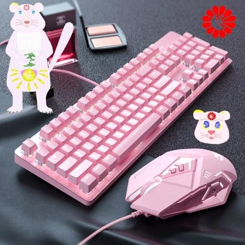 Pink wired USB mechanical keyboard and mouse set cute girl blue axis with backlit game keyboard combos for game PC laptop