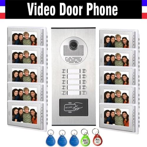 10 Units Apartment Intercom System Video Intercom Video Door Phone Kit HD Camera 7" Monitor with RFID keyfobs for 10 Household