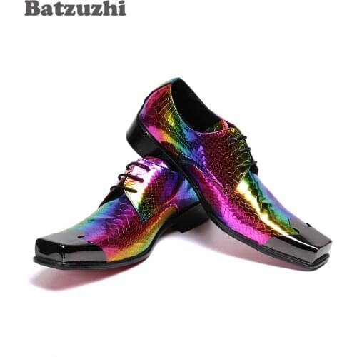 Batzuzhi Color Leather Dress Shoes Men Fashion Personality Mens Shoes Square Metal Toe Zapatos Hombre for Men Party and Wedding