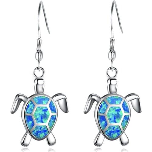 Boho Cute Sea Turtle Animal Drop Earrings for Women Blue Fire Opal Pendientes Dangle Earrings Wedding Engagement Party Jewelry
