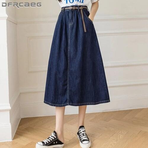 Streetwear Vintage Womens Denim A-Line Skirts Summer 2021 Elastic Waist Casual Deep Blue Long Jeans Skirt Female