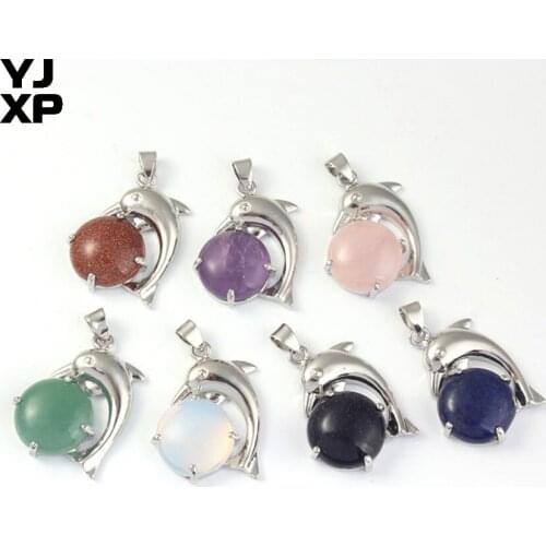 YJXP Silver Plated Cute Dolphin Opal Green Aventurine Amethysts Romantic Rose Pink Quartzs Blue Sand Stone Pendant Charm Jewelry