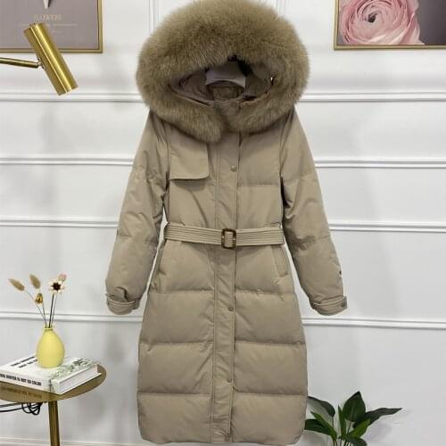 2021 New Winter Women 90% White Duck Down Long Parkas Big Real Fox Fur Hooded Warm Puffer Jacket With Belt Female Snow Coat