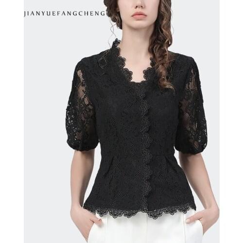 Fashion Ladies Lace Shirt Slim High Waist Hook Flower Hollow Out Sleeve V-Neck Short Summer Tops Elegant Women Office Blouses