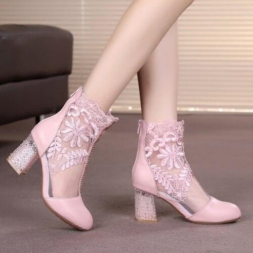 Cutout Womens Boots Leather High Heel Booties Thick With Wild Mesh Yarn Boots Bud Silk Boots Summer Pink Leather Boots