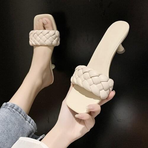 Dropshipping New Weave Women Slippers Square Toe High Quality Leather Sandals Sexy Thin High Heels Shoes Woman Outdoor Slides