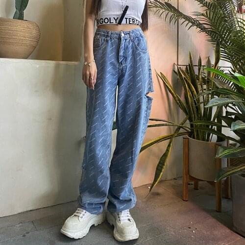 WomenS Casual Jeans Fashion Letter Printed Ripped Pants High-Waist Straight-Leg Pants Streetwear WomenS Bottoms 2021 Trousers
