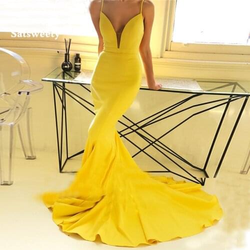 Sexy Yellow Mermaid Prom Dresses 2020 Cheap Spaghetti Straps Satin vestidos de fiesta de noche Formal Evening Party Gowns Simple