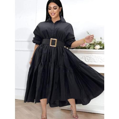Plus Size Shirts Dresses 4XL Black White Cotton Turn Down Collar Long Sleeve Ankle Length Office Lady Casual Gown Dress Autumn