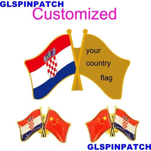 Croatia Crossed Friendship Flag Double Country lapel pin Brooch USA UK France Chile Russia Saudi Arabia Japan Spain Badge