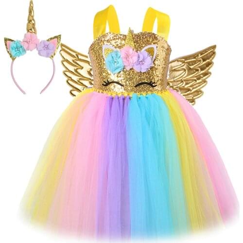 Golden Sequins Unicorn Dress for Girls Princess Birthday Dresses with Wings Horn Outfit Kids Unicorns Halloween Costumes Tutus