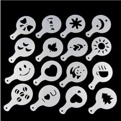 16Pcs/set Fashion Cappuccino Coffee Barista Stencils Template Strew Pad Duster Spray Tools AF019