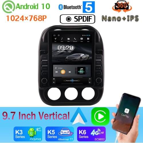 Android auto 9.7" Vertical Style Car Media GPS CarPlay Android 10.0 360 4*AHD Camera Radio For Jeep Compass 2010-2016 PX6 4+64G