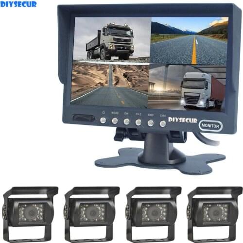 DIYSECUR 4-PIN 7" Split QUAD Backup Car Monitor + 4 x HD CCD IR Night Vision Rear View LED Car Camera Waterproof for Truck Bus