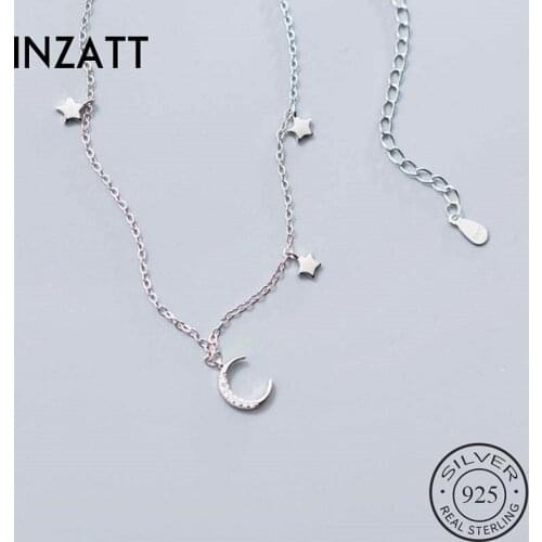 INZATT Real 925 Sterling Silver Zircon Moon Star chain Choker Necklace For Fashion Women Party Fine Jewelry Bohemian Accessories