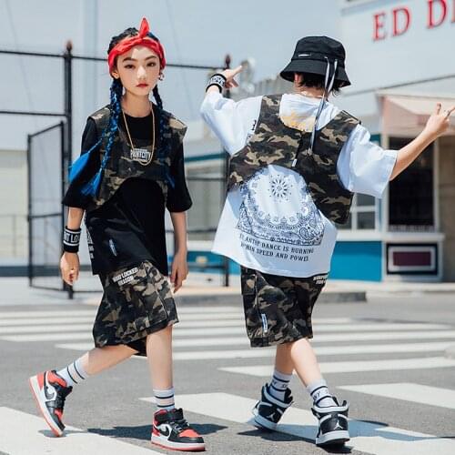 ChildrenS Day Ballroom Hip Hop Clothes Boys Summer HipHop Camouflage Vest Loose T-Shirt Suit Jazz Street Dance Costumes DQS7030